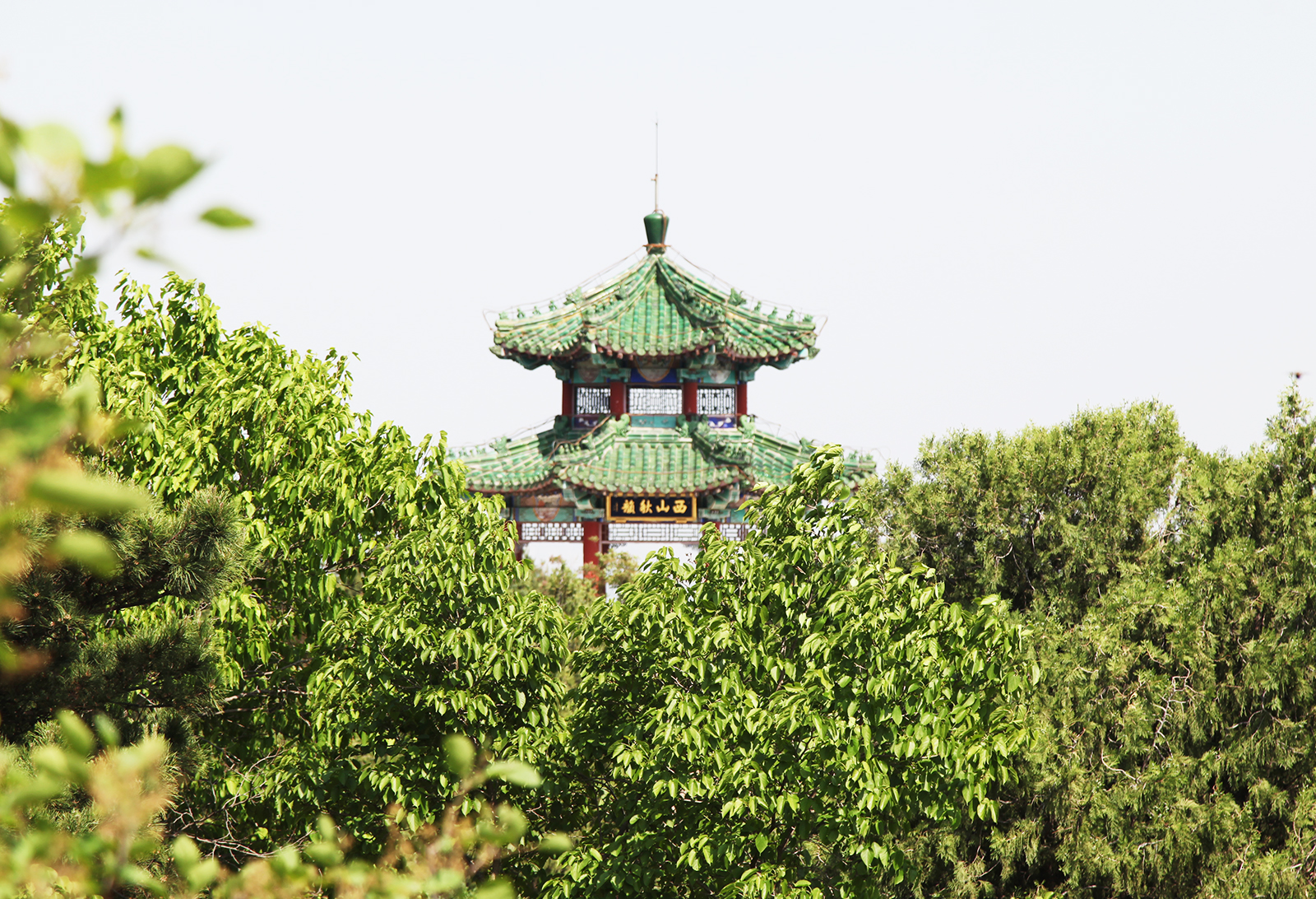 A pavilion is seen through the trees in the Western Hills National Forest Park in Beijing on May 2, 2024. /CGTN