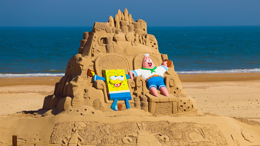A SpongeBob SquarePants sand sculpture is seen at the Rizhao Seashore National Forest Park in Shandong Province, China, on May 9, 2024. /CFP