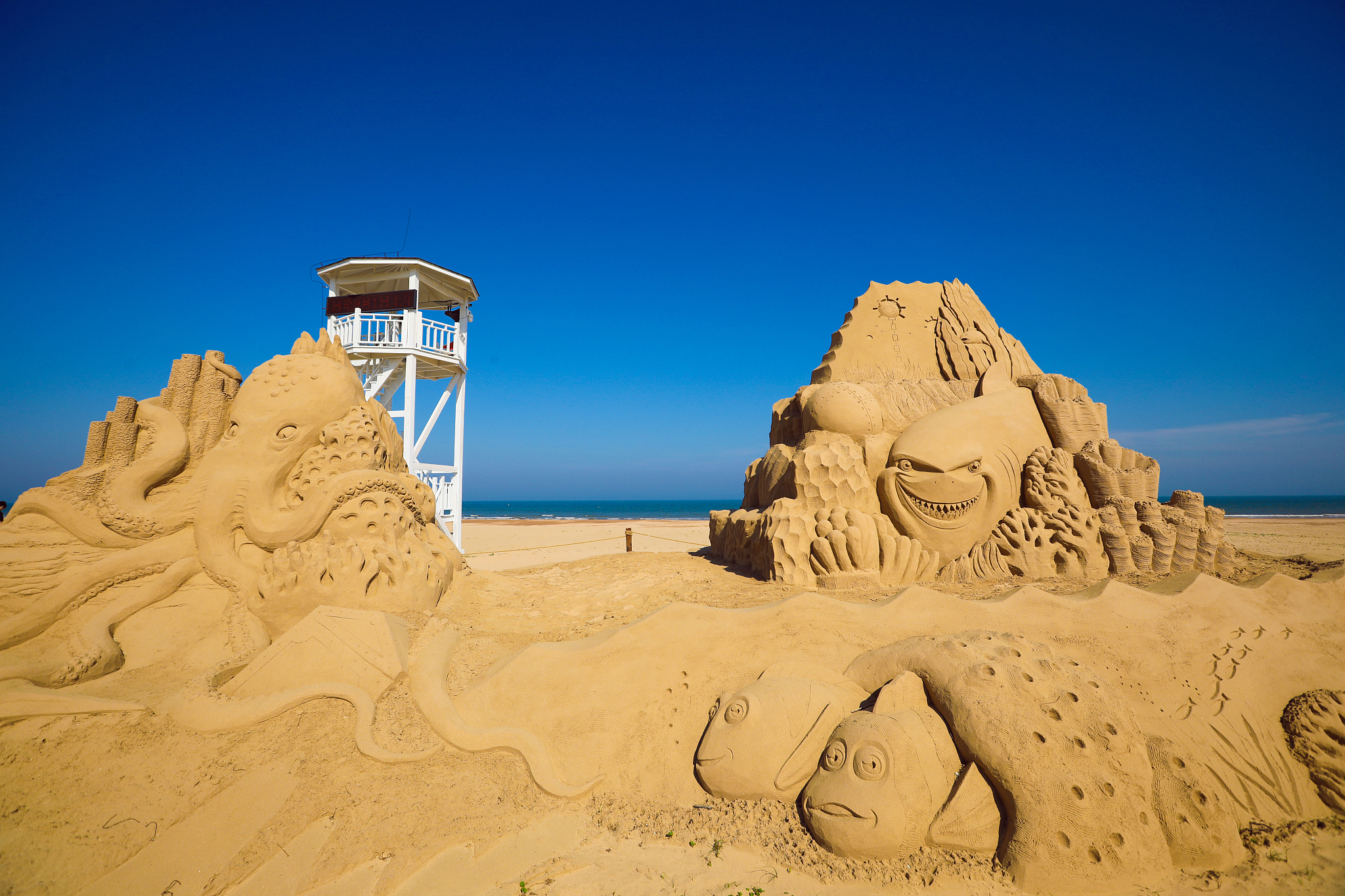 Sand sculptures are seen at the Rizhao Seashore National Forest Park in Shandong Province, China, on May 9, 2024. /CFP