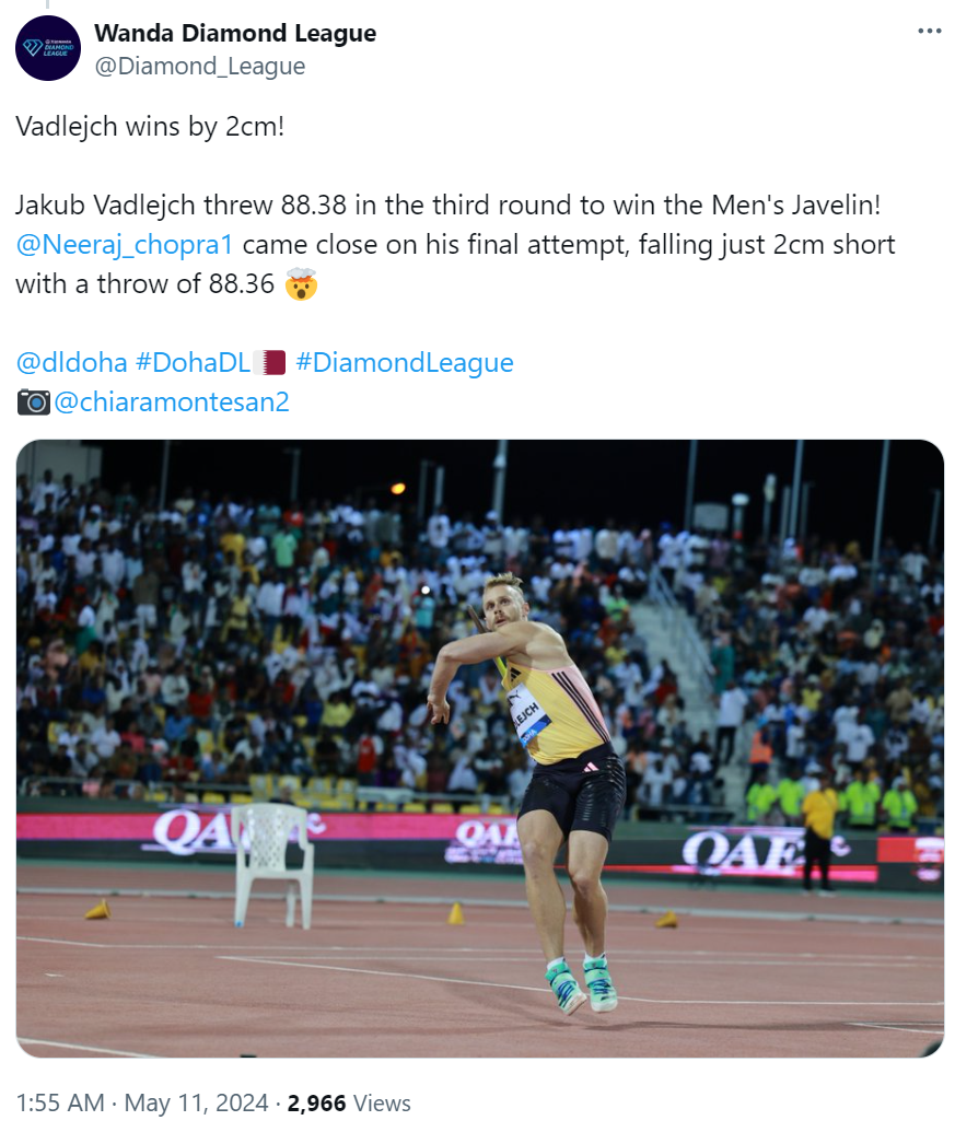 Wanda Diamond League's tweet on May 11 about the men's javelin throw. /@Diamond_League