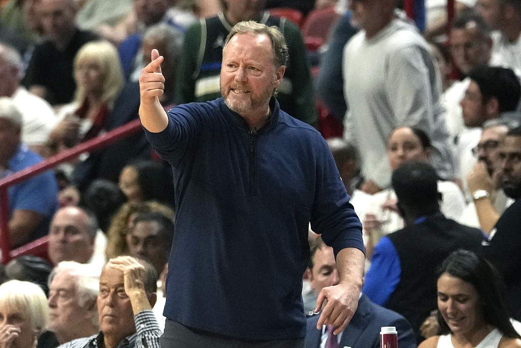 Mike Budenholzer, head coach of the Milwaukee Bucks, makes a gesture during Game 3 of the NBA Eastern Conference first-round playoffs against the Miami Heat at Kaseya Center in Miami, Florida, April 22, 2023. /CFP