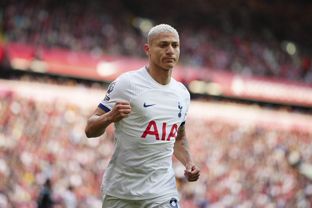 Richarlison of Tottenham Hotspur looks on in the Premier League game against Liverpool at Anfield in Liverpool, England, May 5, 2024. /CFP