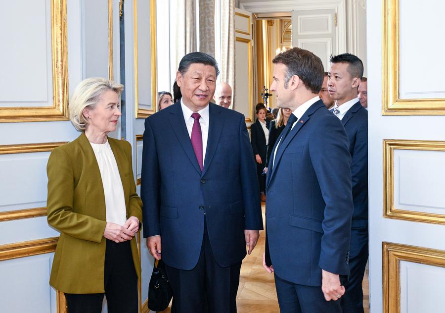 Chinese President Xi Jinping attends a China-France-EU trilateral meeting with French President Emmanuel Macron and European Commission President Ursula von der Leyen at Elysee Palace, in Paris, France, May 6, 2024. /Xinhua