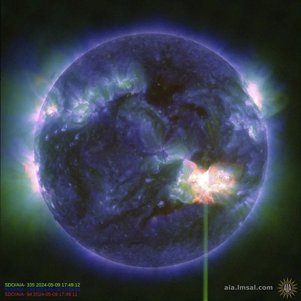 A solar flare, as seen in the bright flash in the lower right, was captured by NASA's Solar Dynamics Observatory on May 9, 2024. /CFP