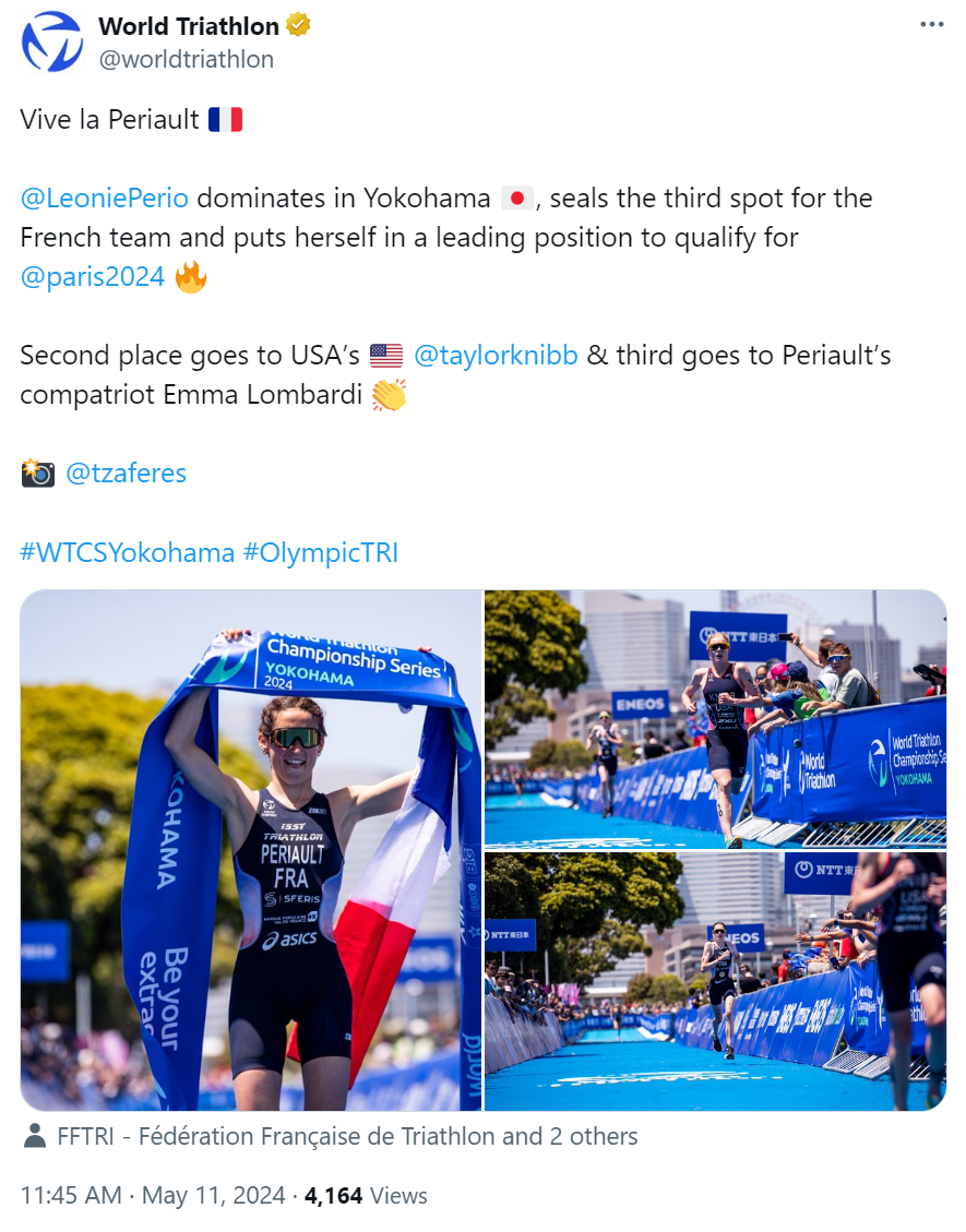 World Triathlon's tweet on May 11 about the top-three triathletes. /@worldtriathlon
