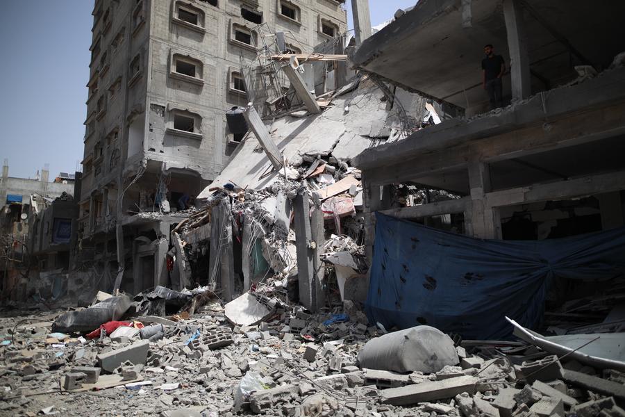 Photo taken on April 23, 2024 shows destroyed buildings at Bureij refugee camp in the central Gaza Strip. /Xinhua