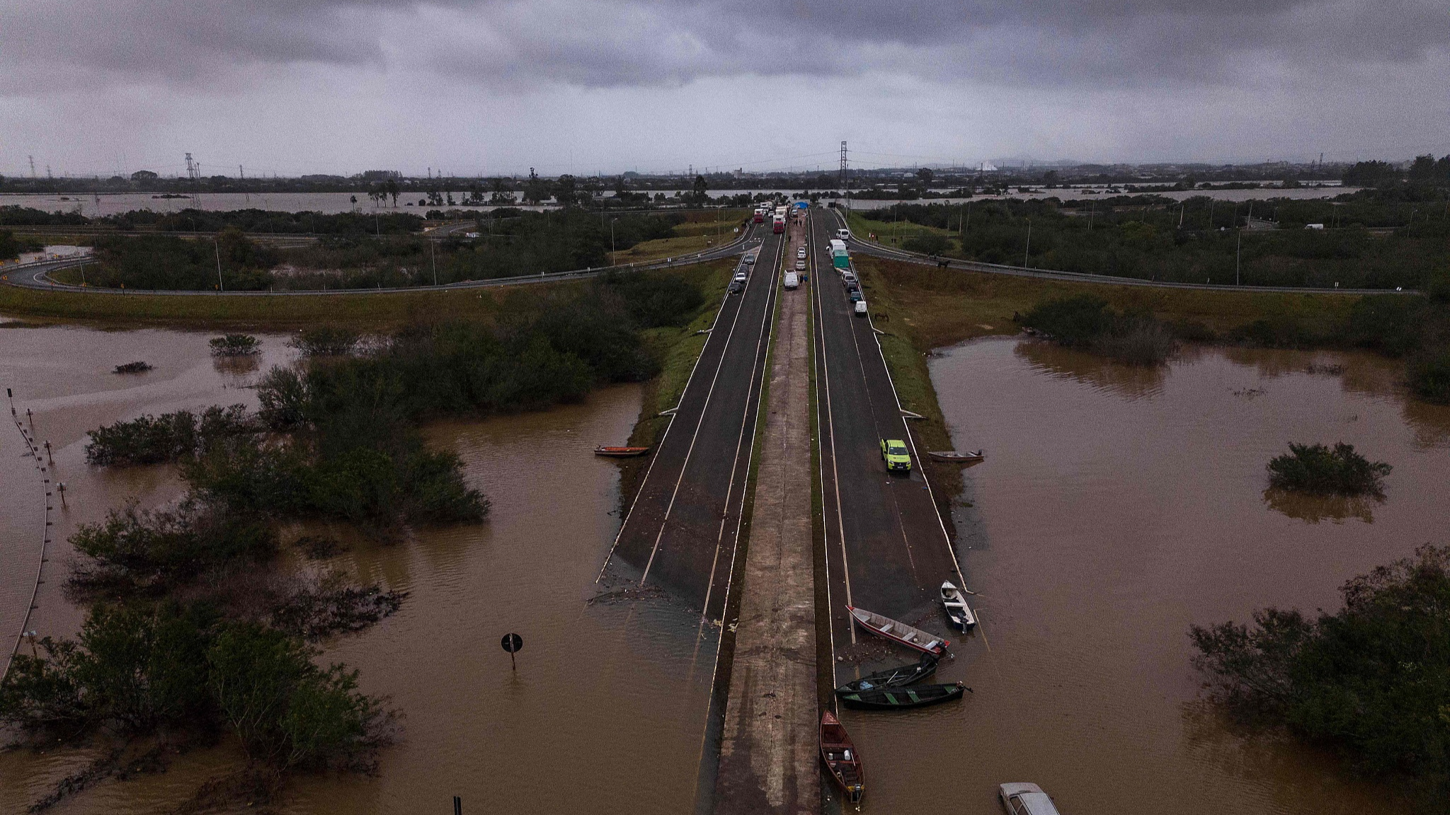 An aerial view of the flooded ERS-448 road in Canoas, Rio Grande do Sul state, Brazil, on May 13, 2024. /CFP