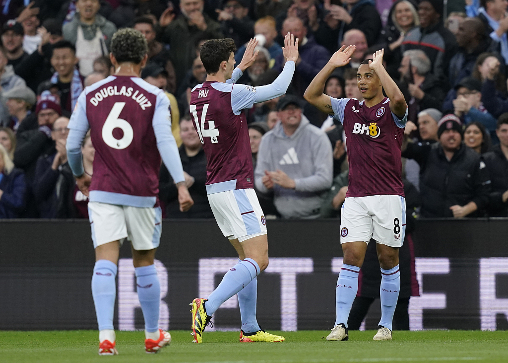 Aston Villa players celebrate after scoring a goal in the Premier League game against Liverpool at Villa Park in Birmingham, England, May 13, 2024. /CFP