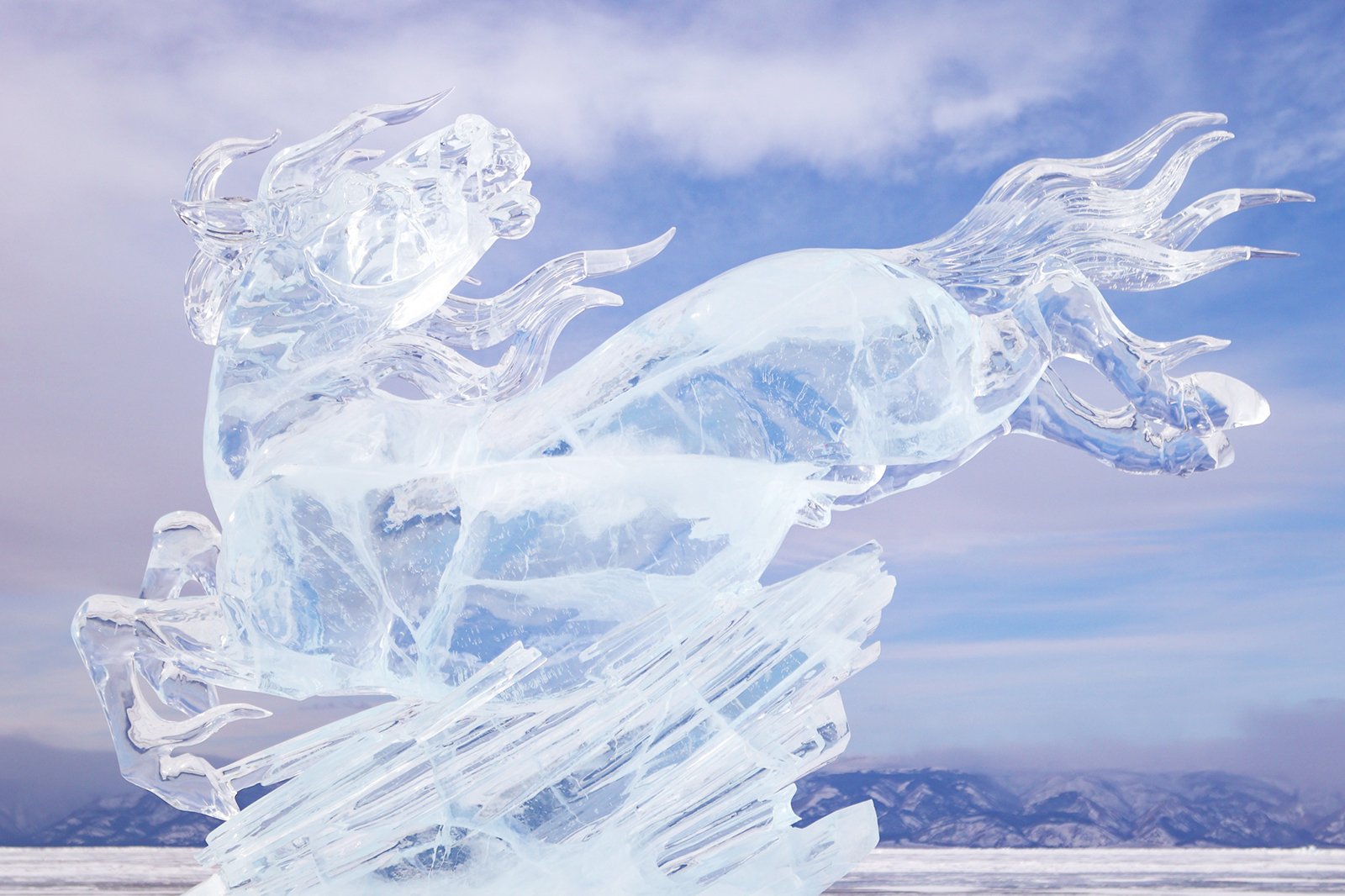 An ice sculpture featuring a horse is seen during the Olkhon Ice Fest on the shores of Lake Baikal's Olkhon Island in Russia on February 17, 2024. /CFP