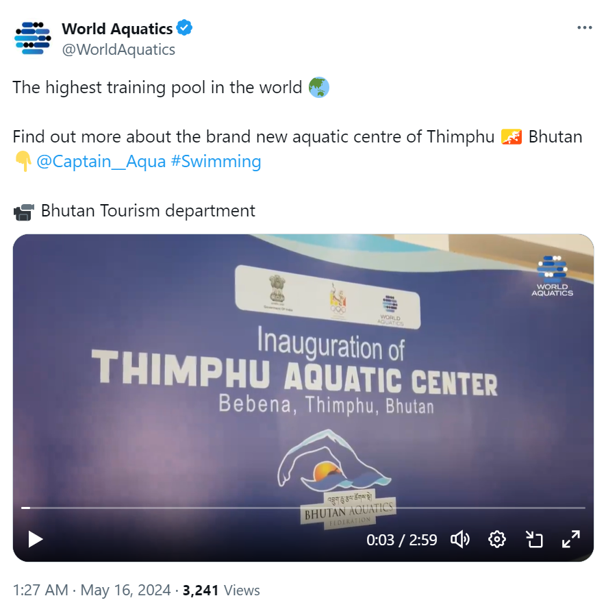 World Aquatics' tweet on May 16 about the Thimphu Aquatic Center. /@WorldAquatics 