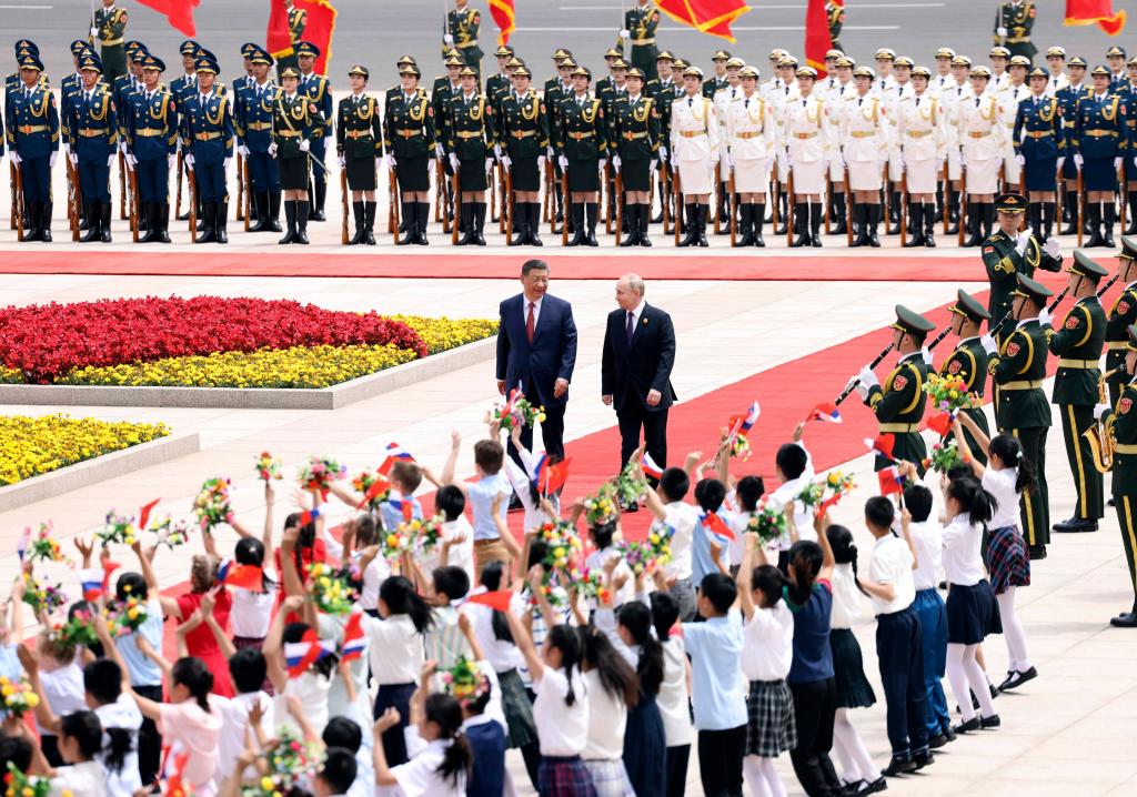 Chinese President Xi Jinping holds a welcoming ceremony for Russian President Vladimir Putin at the square outside the east gate of the Great Hall of the People, before their talks in Beijing, capital of China, May 16, 2024. /Xinhua