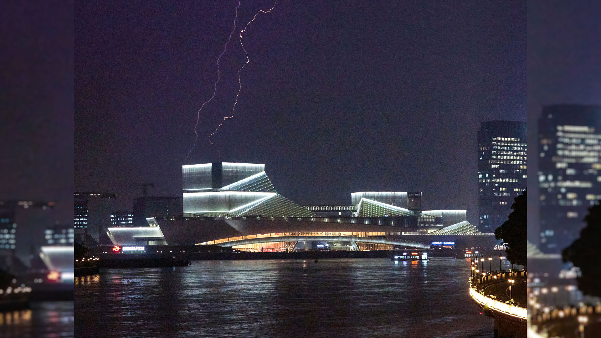 Lightning appears above the Baietan Greater Bay Area Art Center in Guangzhou City, southern China's Guangdong Province, May 6, 2024. /CFP file photo