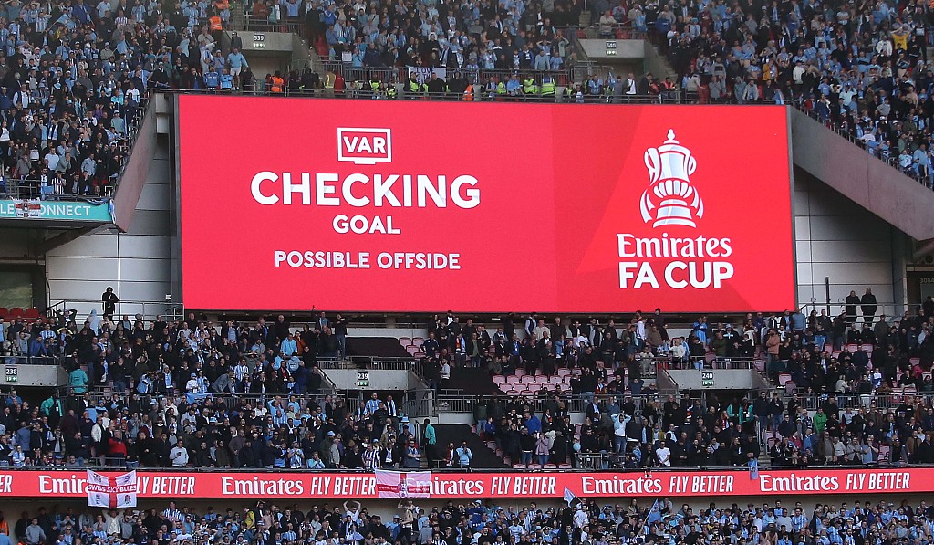 A sequence of play is under review via video assistant referee during an FA Cup game between Coventry City and Manchester United at Wembley Stadium in London, England, April 21, 2024. /CFP 