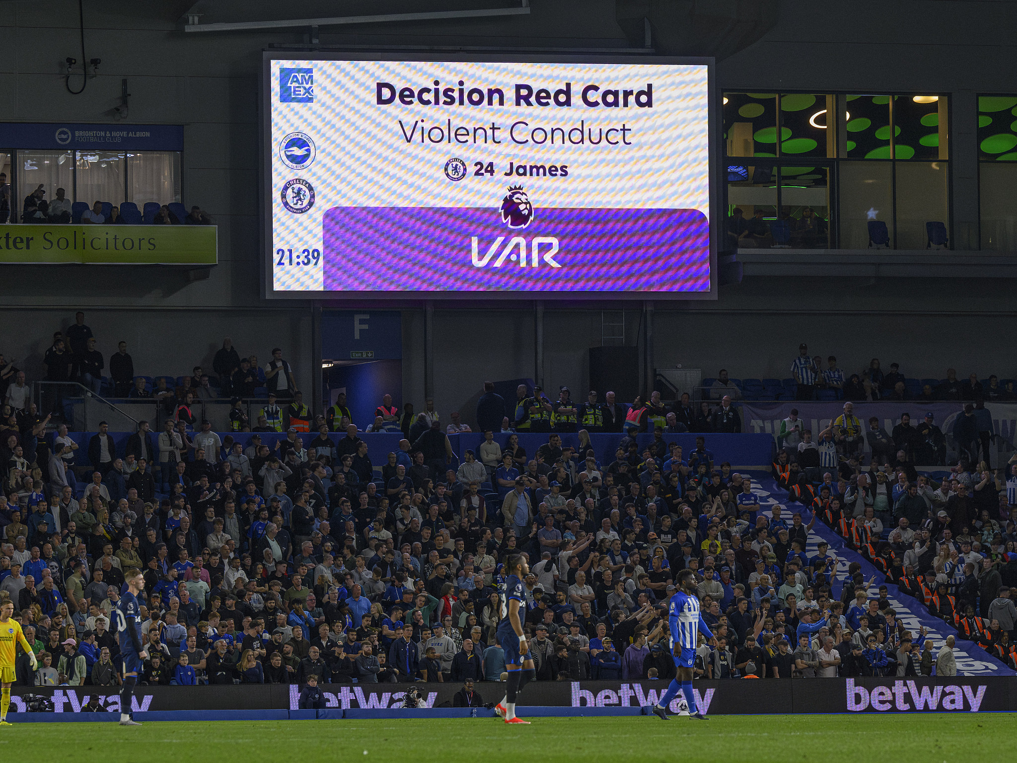 A sequence of play is under review via video assistant referee during a Premier League game between Chelsea and Brighton at the American Express Community Stadium in Brighton, England, May 15, 2024. /CFP 