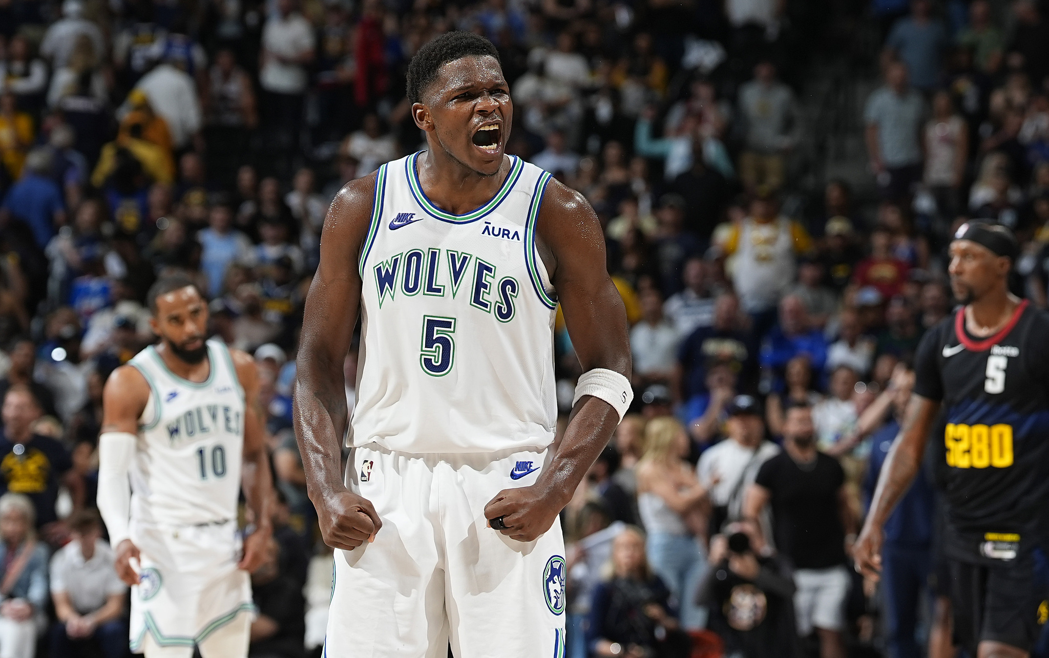 Minnesota Timberwolves guard Anthony Edwards yells as time runs out in the second half of Game 7 of NBA Western Conference Second-round Playoffs against the Denver Nuggets in Denver, U.S., May 19, 2024. /CFP