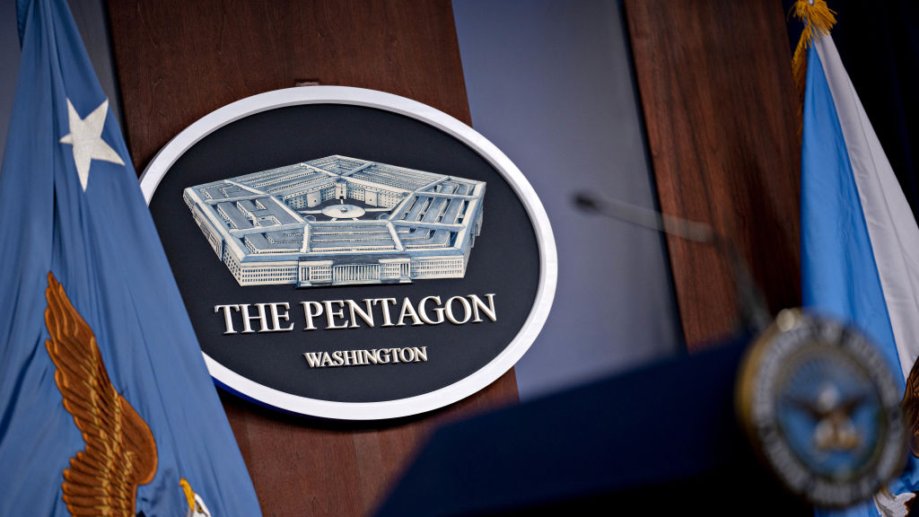 The Pentagon seal in the Pentagon Briefing Room in Arlington, Virginia, U.S. /Getty