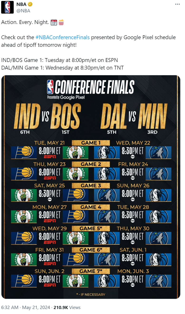 NBA's tweet on May 21 about the conference finals. /@NBA