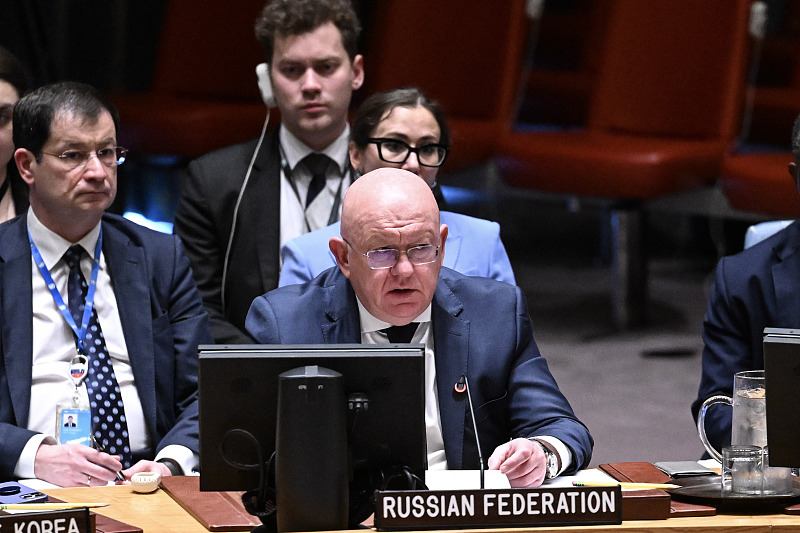 Vasily Nebenzya, Russia's permanent representative to the UN, speaks as the UN Security Council convenes to discuss a draft resolution spearheaded by Russia, advocating for the prohibition of the placement of any weapons in space in New York, May 20, 2024. /CFP