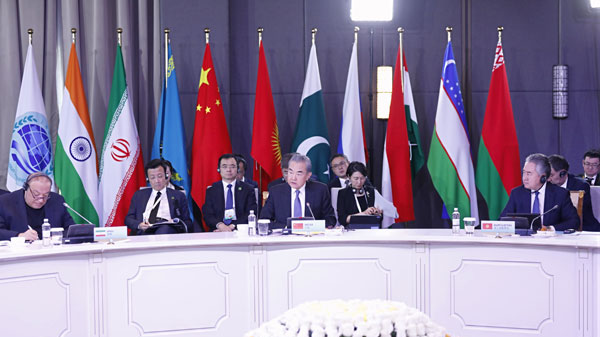 Chinese Foreign Minister Wang Yi, also a member of the Political Bureau of the Communist Party of China Central Committee, speaks at the Shanghai Cooperation Organization Council of Ministers of Foreign Affairs in Astana, Kazakhstan, May 21, 2024. /Chinese Foreign Ministry