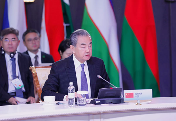 Wang Yi addresses the meeting of the SCO Council of Ministers of Foreign Affairs in Astana, Kazakhstan, May 21, 2024. /Chinese Foreign Ministry