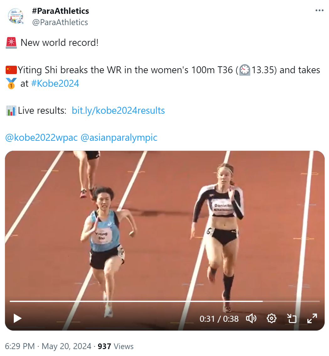 ParaAthletics' tweet on May about Shi Yiting (L). /@ParaAthletics 