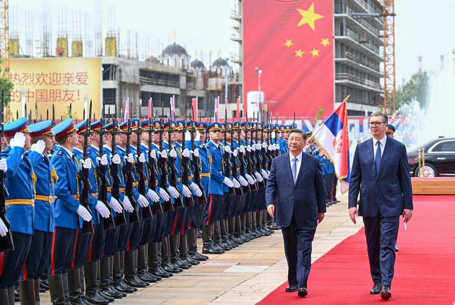 Chinese President Xi Jinping attends a welcome ceremony held by Serbian President Aleksandar Vucic prior to their talks in Belgrade, Serbia, May 8, 2024. /Xinhua