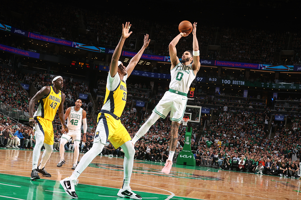 Jayson Tatum (#0) of the Boston Celtics shoots in Game 1 of the NBA Eastern Conference Finals against the Indiana Pacers at TD Garden in Boston, Massachusetts, May 21, 2024. /CFP