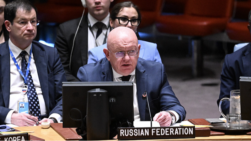 Russia's Permanent Representative to the UN Vasily Nebenzya speaks at the United Nations Security Council on a draft resolution spearheaded by Russia, advocating the prohibition of the placement of any weapons in space in New York, United States, May 20, 2024. /CFP