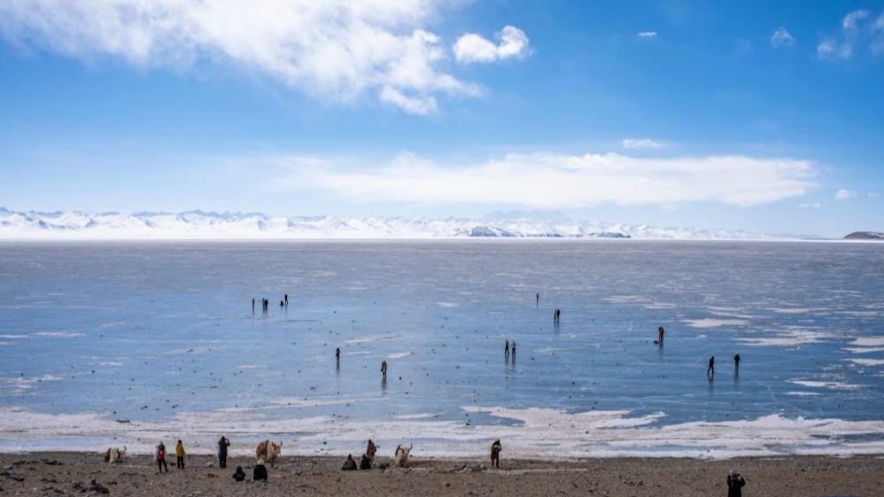 Tourists have fun on the frozen Lake Namtso in southwest China's Xizang Autonomous Region, February 8, 2024. /Xinhua