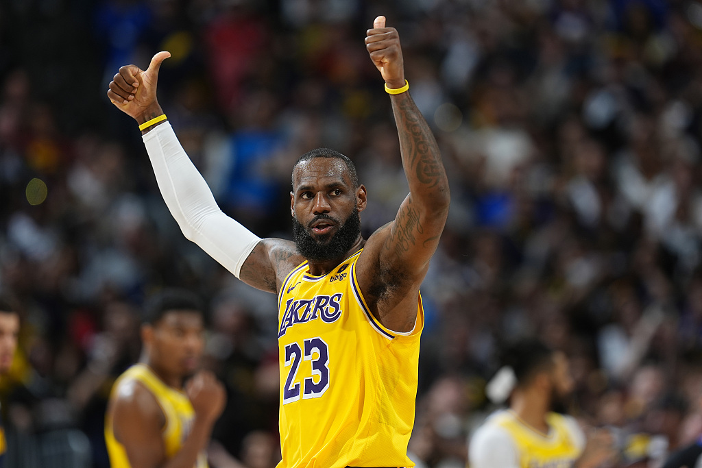 LeBron James of the Los Angeles Lakers gestures in Game 5 of the NBA Western Conference first-round playoffs against the Denver Nuggets at Ball Arena in Denver, Colorado, April 29, 2024. /CFP