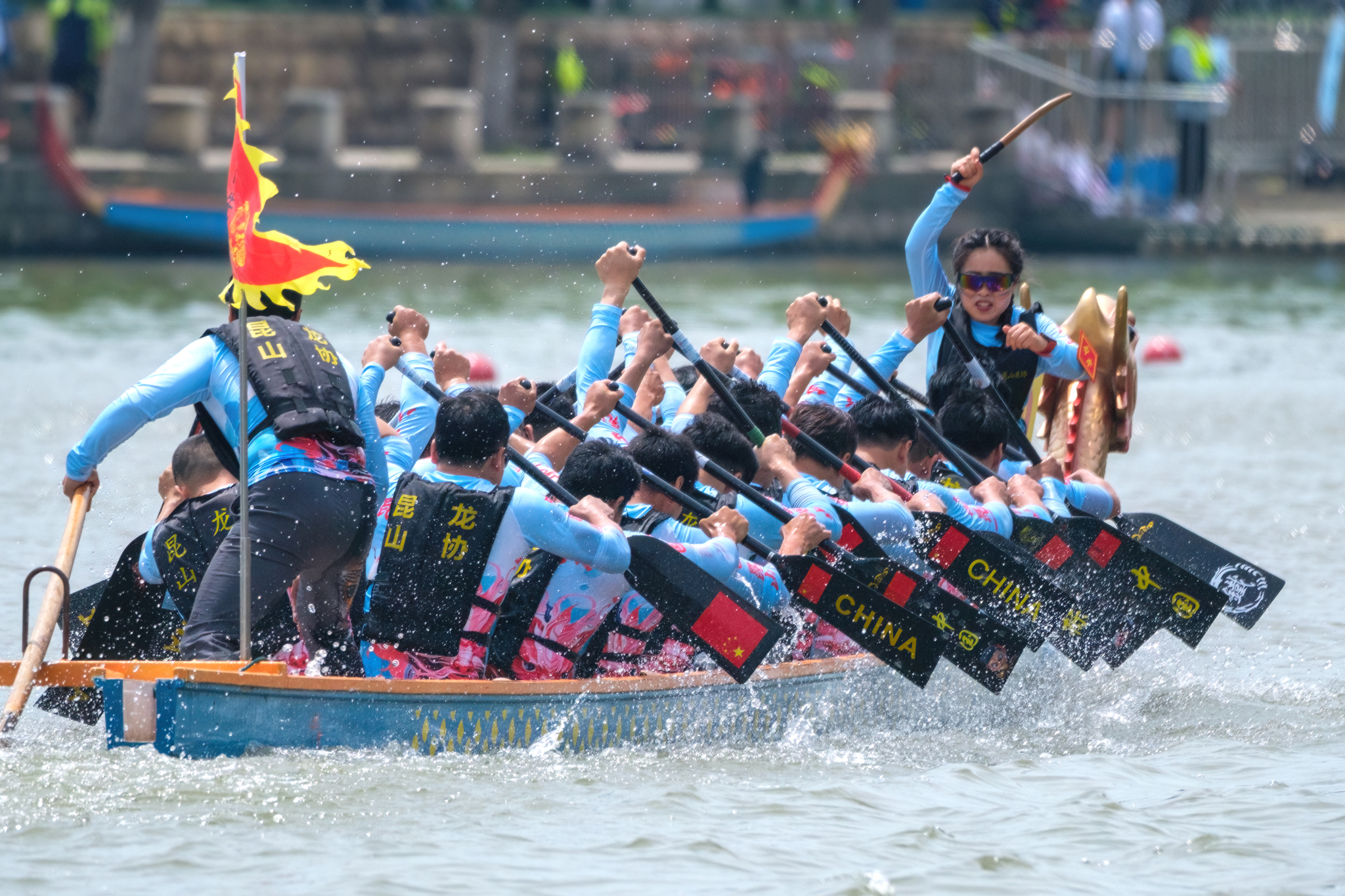 A dragon boat team is pictured during a dragon boat race held on the Qinhuai River in Nanjing, Jiangsu Province on May 19, 2024. /CFP