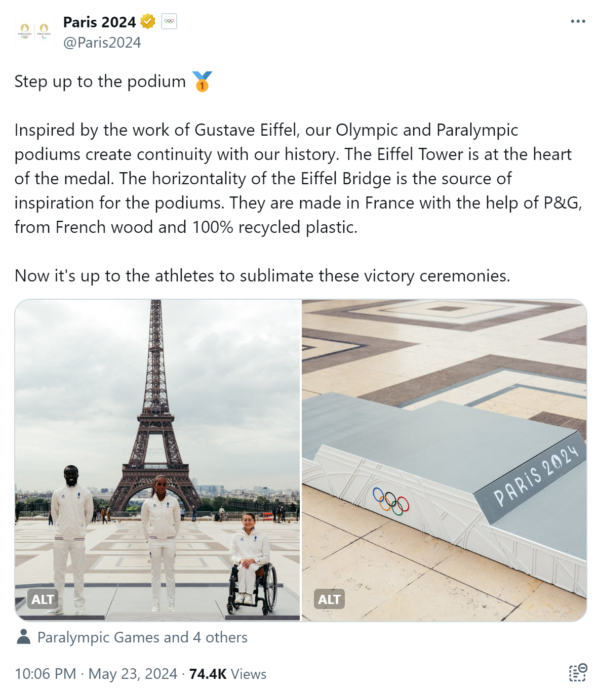 Paris 2024's tweet on May 23 about the Olympic and Paralympic podiums. /@Paris2024