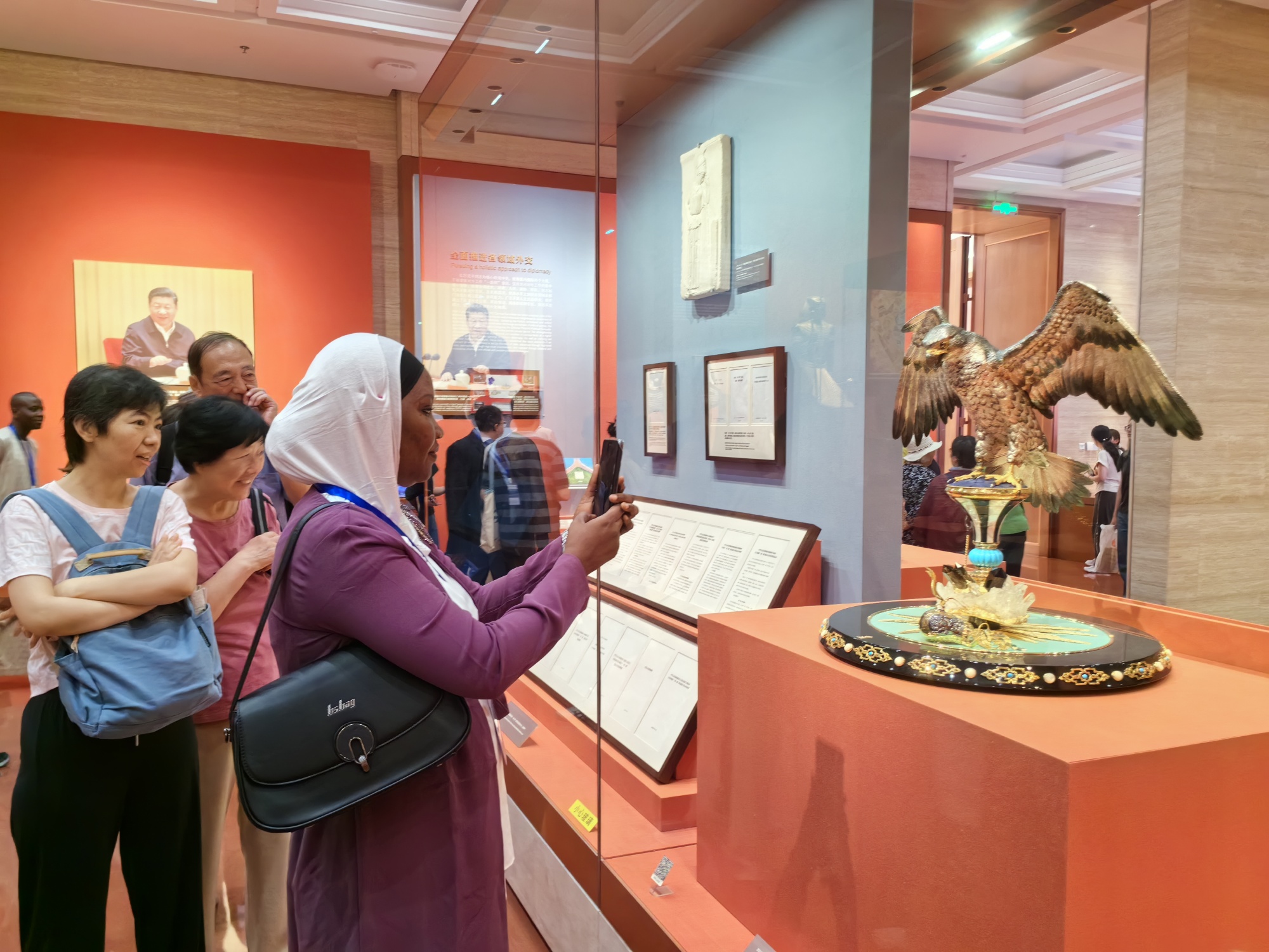 A bronze sculpture of a falcon gifted by King Salman bin Abdulaziz of Saudi Arabia in 2016 is on display at the Central Gifts and Cultural Relics Management Center in Beijing on May 23, 2024. /CGTN