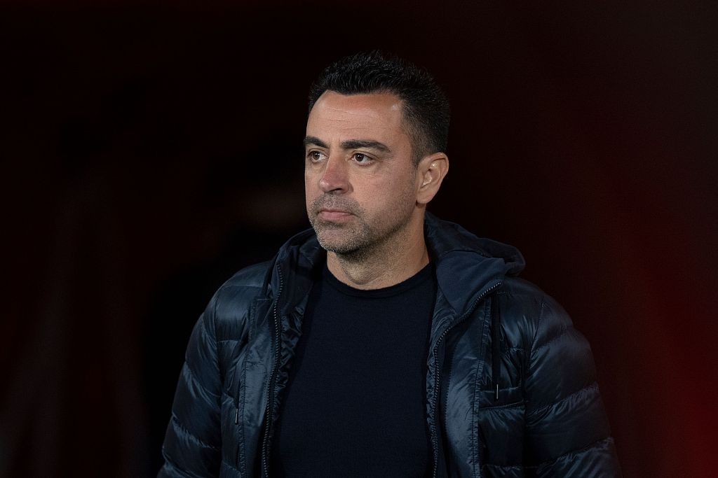 Xavi Hernandez, manager of Barcelona, looks on during the La Liga game against Almeria at the Municipal Stadium of the Mediterranean Games in Almeria, Spain, May 16, 2024. /CFP