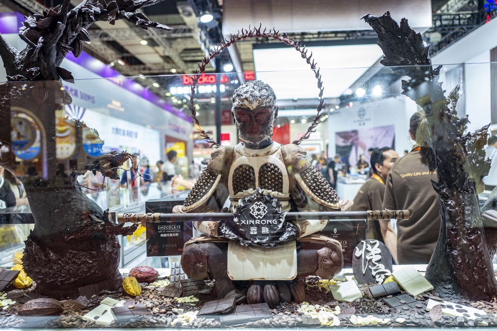 A chocolate Monkey King is displayed at the National Exhibition and Convention Center in Shanghai, China on May 23, 2024. /IC