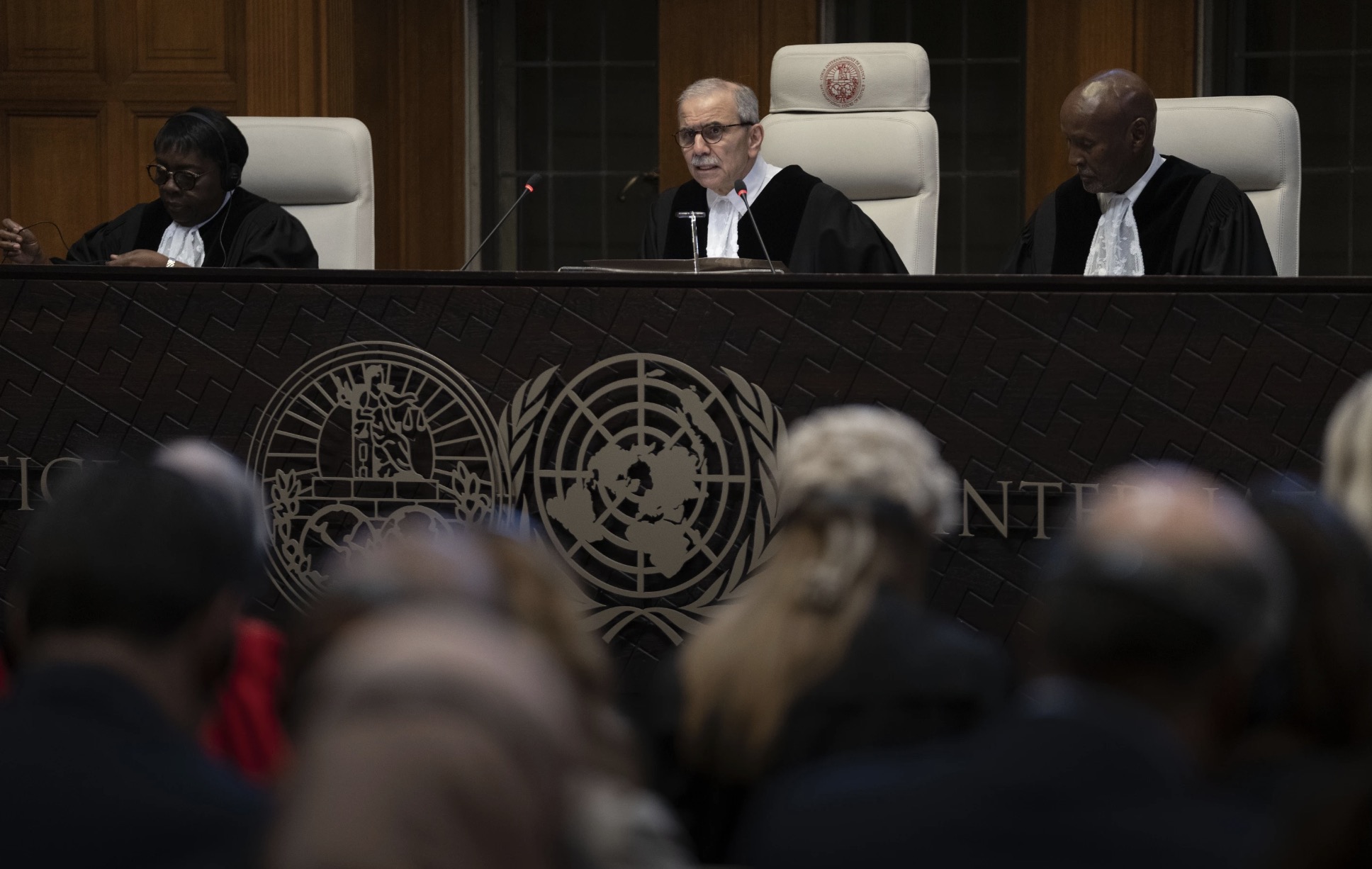 Presiding Judge Nawaf Salam reads the ruling of the International Court of Justice, or World Court, in The Hague, the Netherlands, Friday, May 24, 2024. /AP