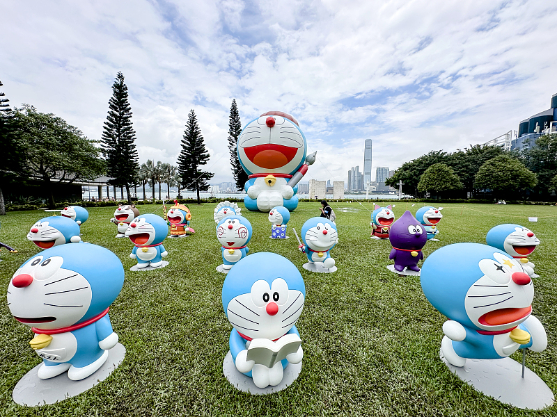 Models of the Japanese animated character Doraemon have been set up in the Sun Yat Sen Memorial Park in Hong Kong, May 25, 2024. /CFP