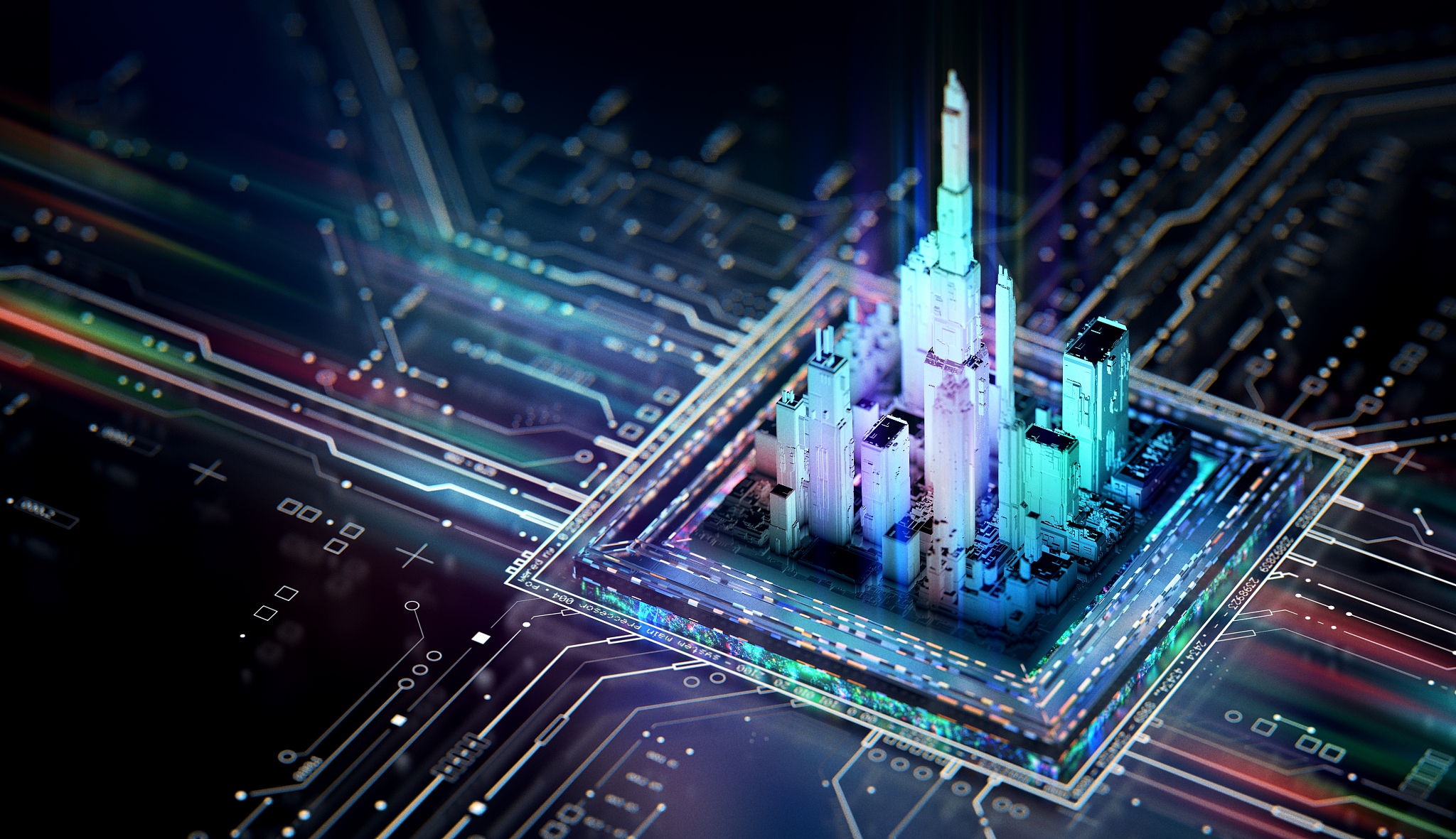 An illustration shows a future city integrated on a digital chip of computer. /CFP