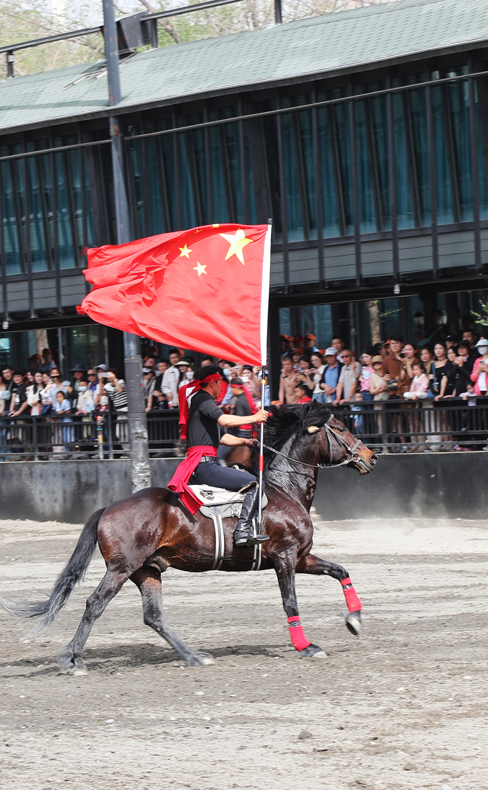 A rider holds China's national flag during a performance at a horse base in Urumqi, Xinjiang. /CGTN