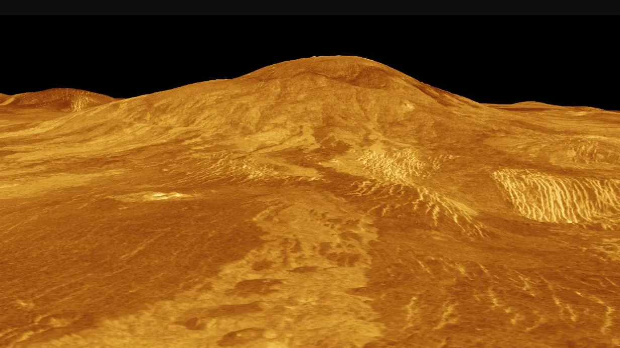 This computer-generated 3D model of Venus' surface shows the volcano Sif Mons, which is exhibiting signs of ongoing activity. /NASA