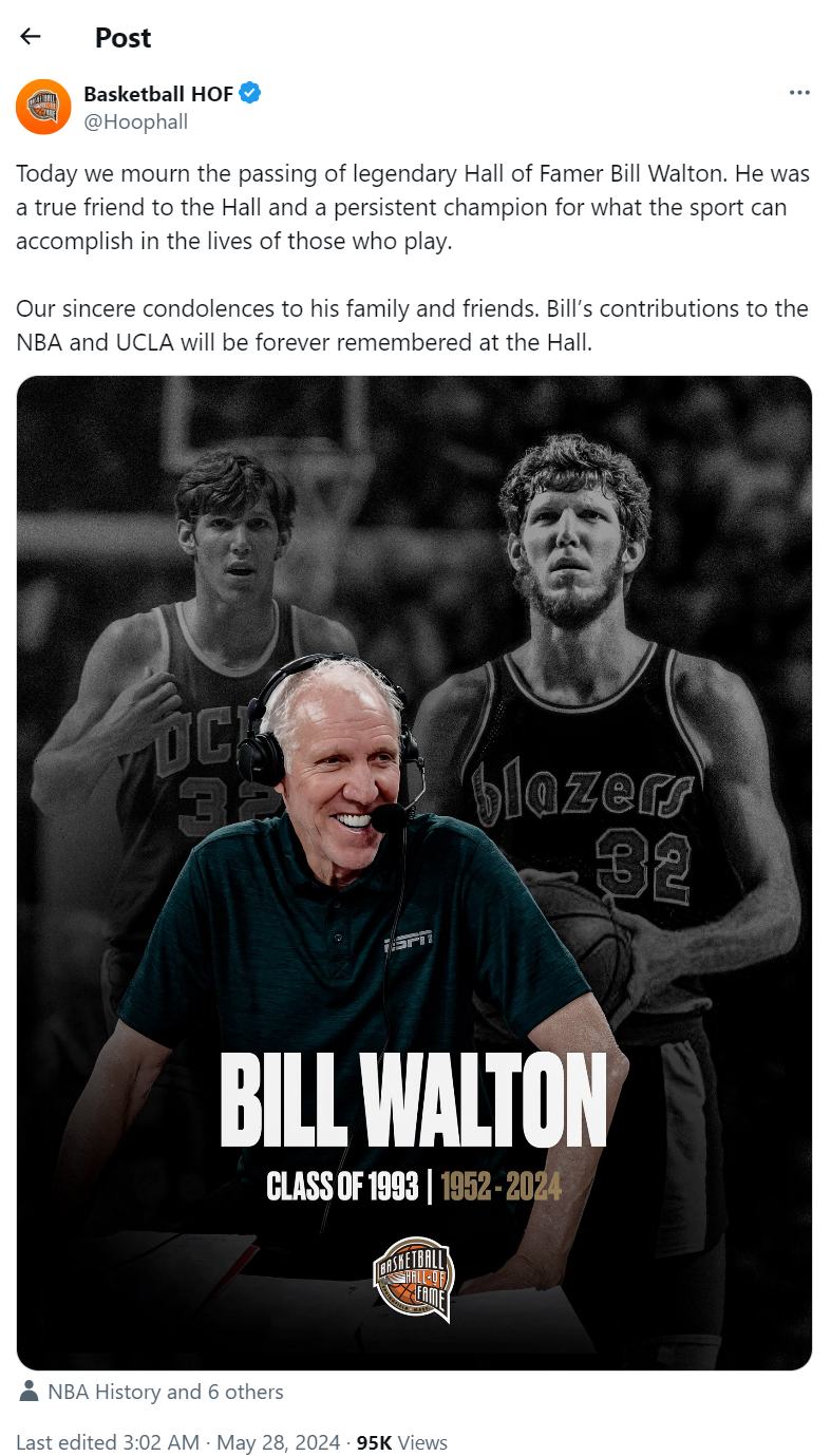 Basketball HOF's tweet on May 28 about Bill Walton. /@Hoophall