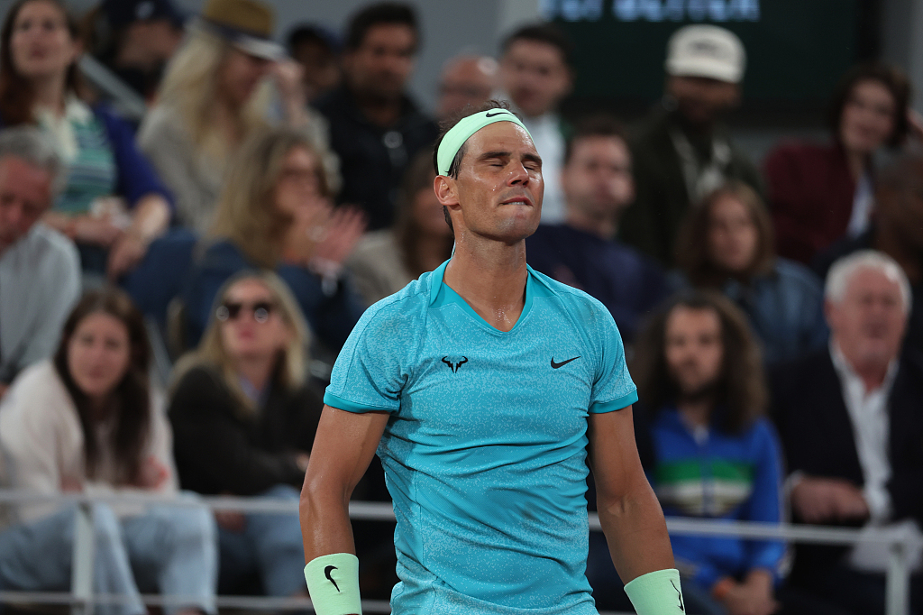 Rafael Nadal of Spain reacts after his loss to Alexander Zverev of Germany (not pictured) during their first-round match at the French Open tennis tournament in Paris, France, May 27, 2024. /CFP