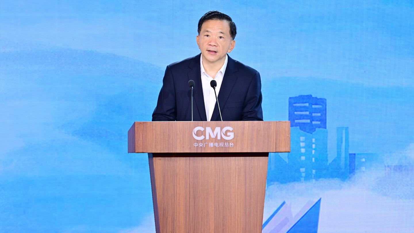 Shen Haixiong makes remarks during the ceremony, Beijing, May 29, 2024. /CMG