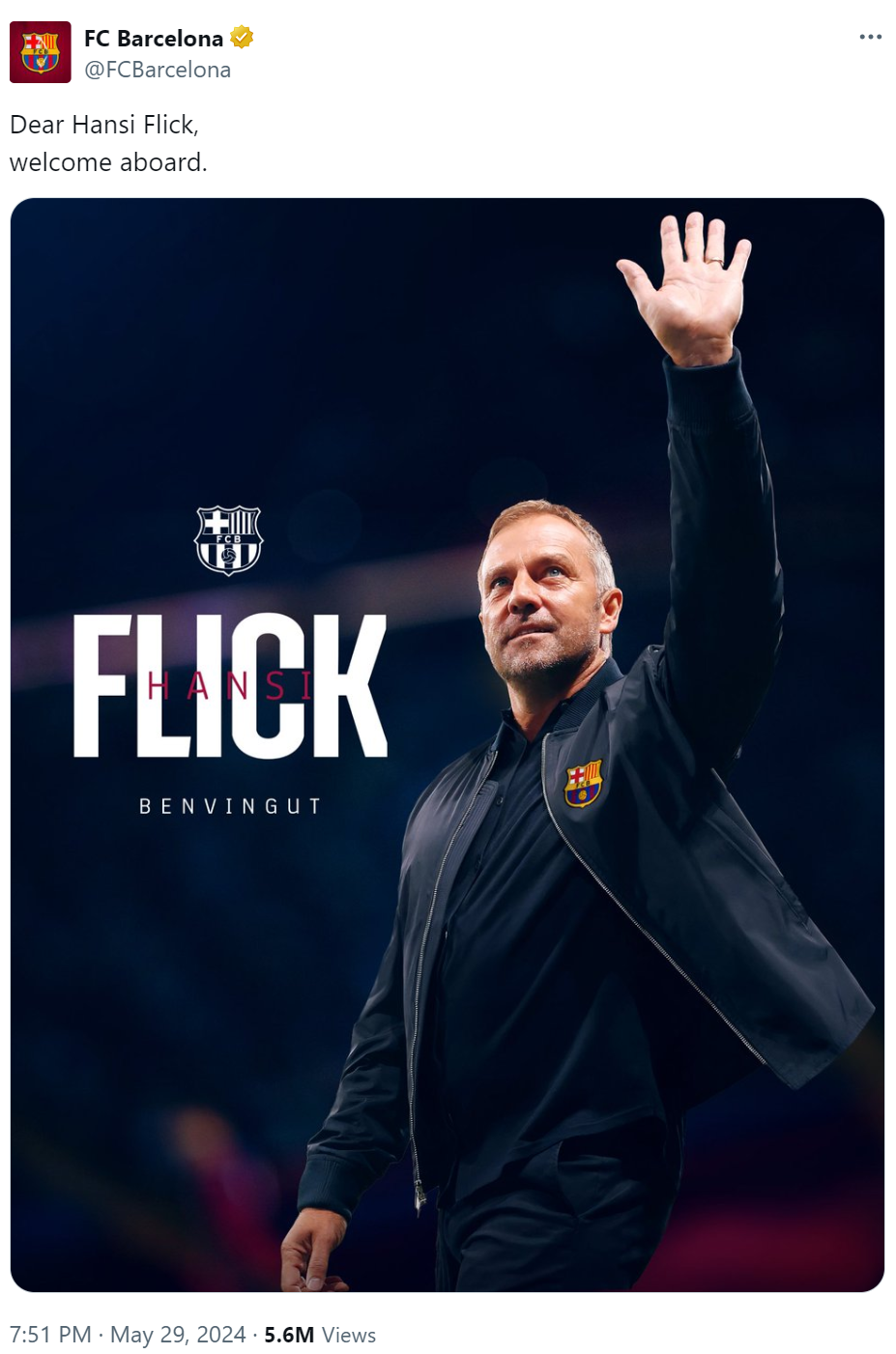 FC Barcelona's post on X on May 29 about Hansi Flick. /@FCBarcelona