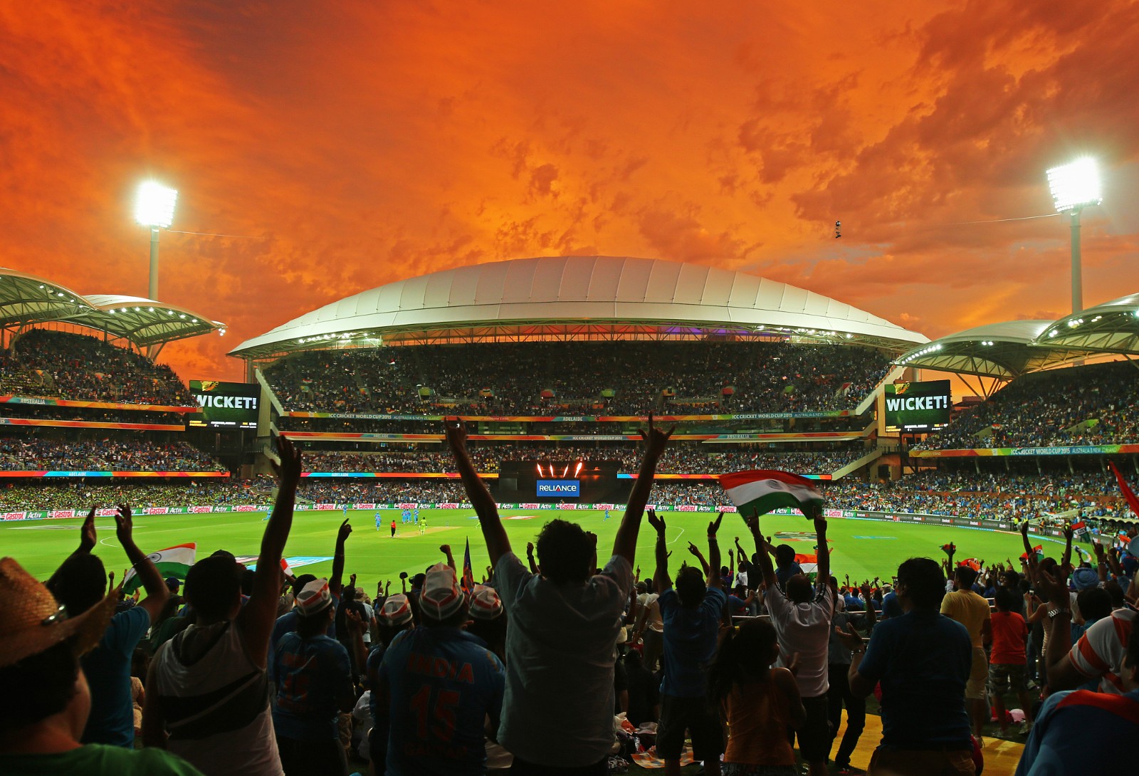 A general view as Indian fans in the crowd celebrate the fall of a Pakistan wicket during the 2015 ICC Cricket World Cup match between India and Pakistan at Adelaide Oval on February 15, 2015 in Adelaide, Australia. /CFP