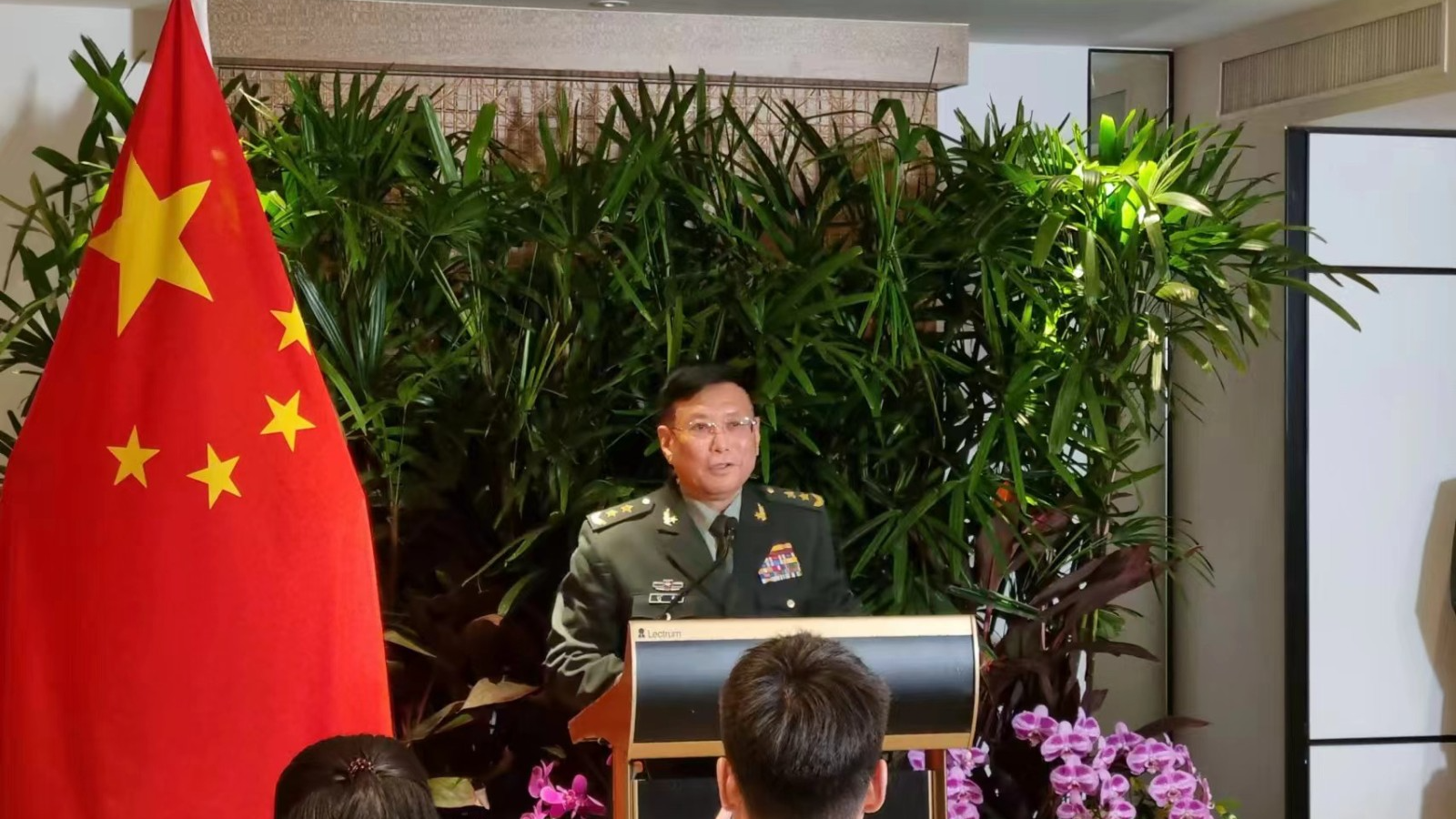 Lieutenant General He Lei, former vice president of the Academy of Military Sciences of the Chinese People's Liberation Army, speaks at a press briefing in Singapore, May 31, 2024. /CMG