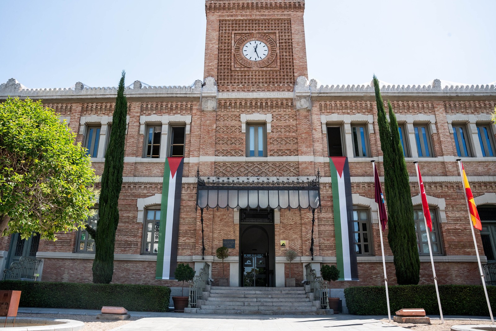 Two Palestinian flags displayed at Casa Arabe, in Madrid, Spain, May 28, 2024, on which the Council of Ministers recognized the State of Palestine. /CFP