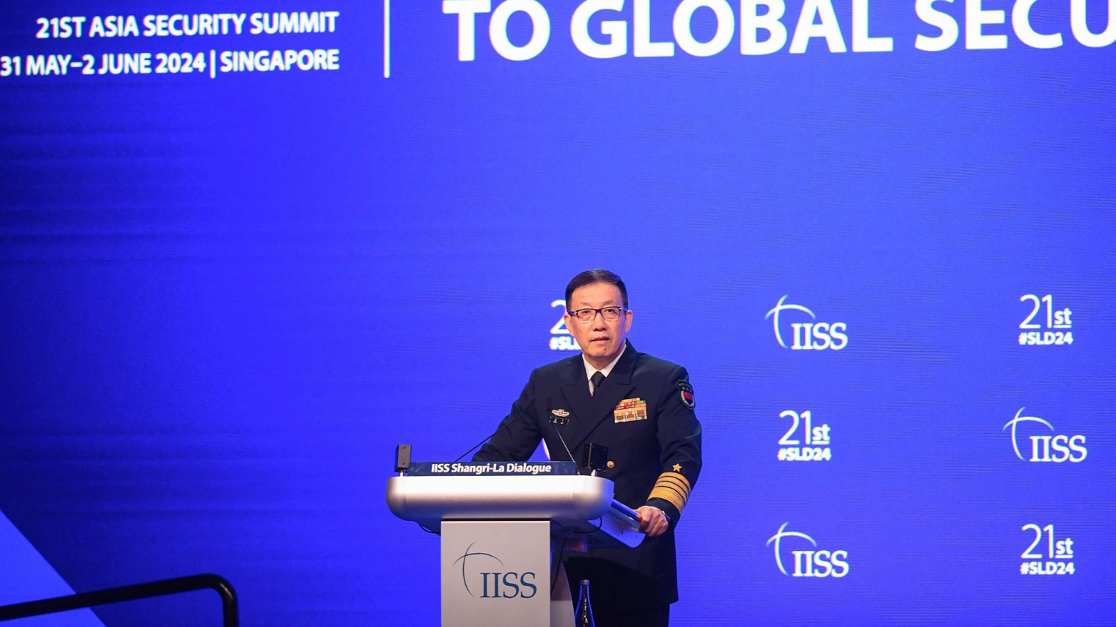 China's Defense Minister Dong Jun speaks during the 21st Shangri-La Dialogue summit at the Shangri-La Hotel in Singapore on June 2, 2024. /CFP