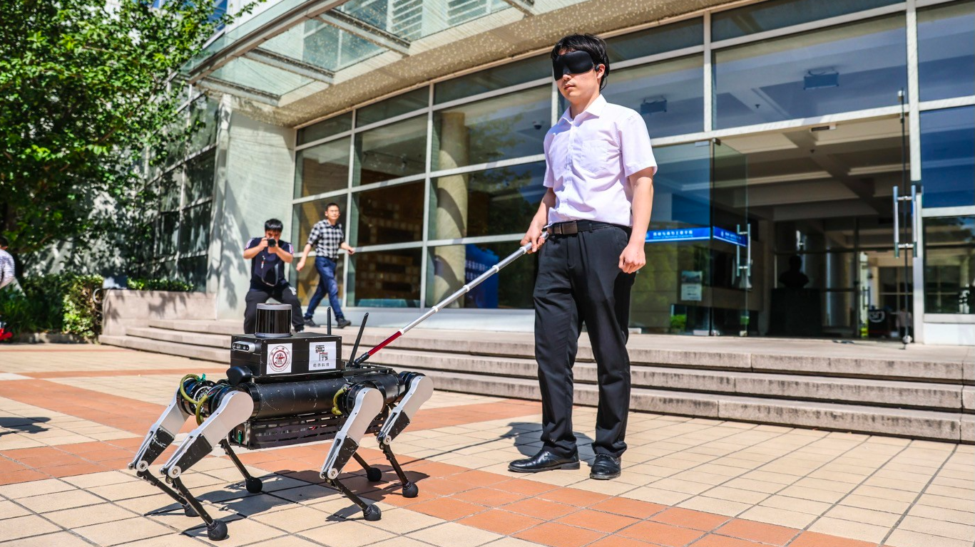 A staff member tests a six-legged guide robot for visually impaired people developed by China's Shanghai Jiao Tong University (SJTU), Shanghai Municipality, east China. /SJTU