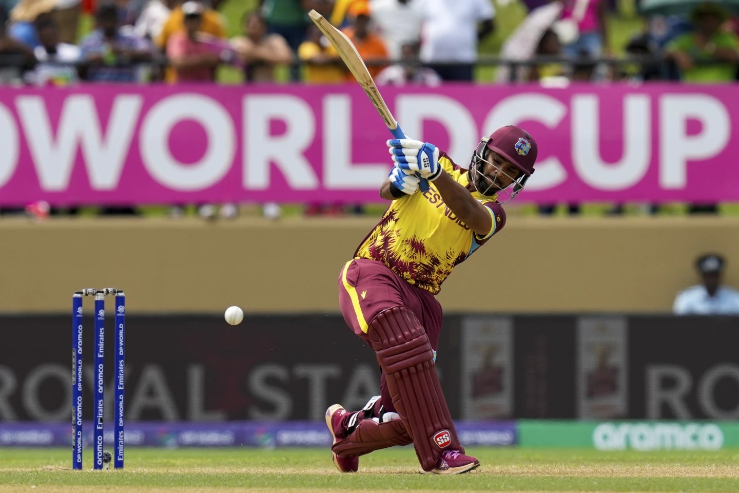 Nicholas Pooran of West Indies plays a shot in the Twenty20 World Cup game against Papua New Guinea at Guyana National Stadium in Providence, Guinea, June 2, 2024. /AP